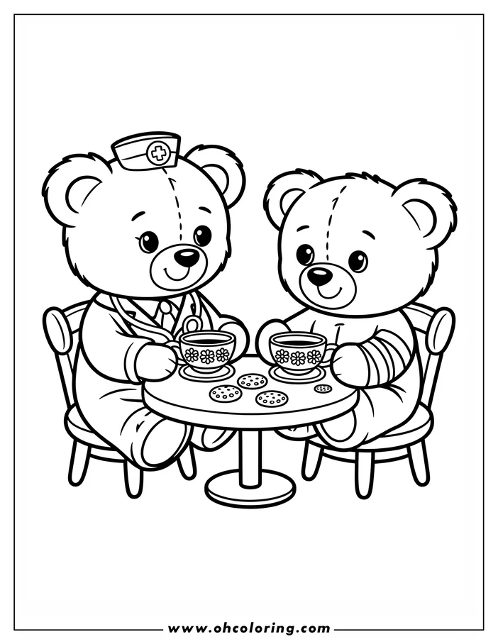 Line art of two teddy bears having tea and cookies. One bear wears a nurse's hat and has a stethoscope, suggesting they are a doctor. The other bear has a bandage on its arm.  This coloring sheet design is perfect for kids who enjoy playing doctor or nurse.
