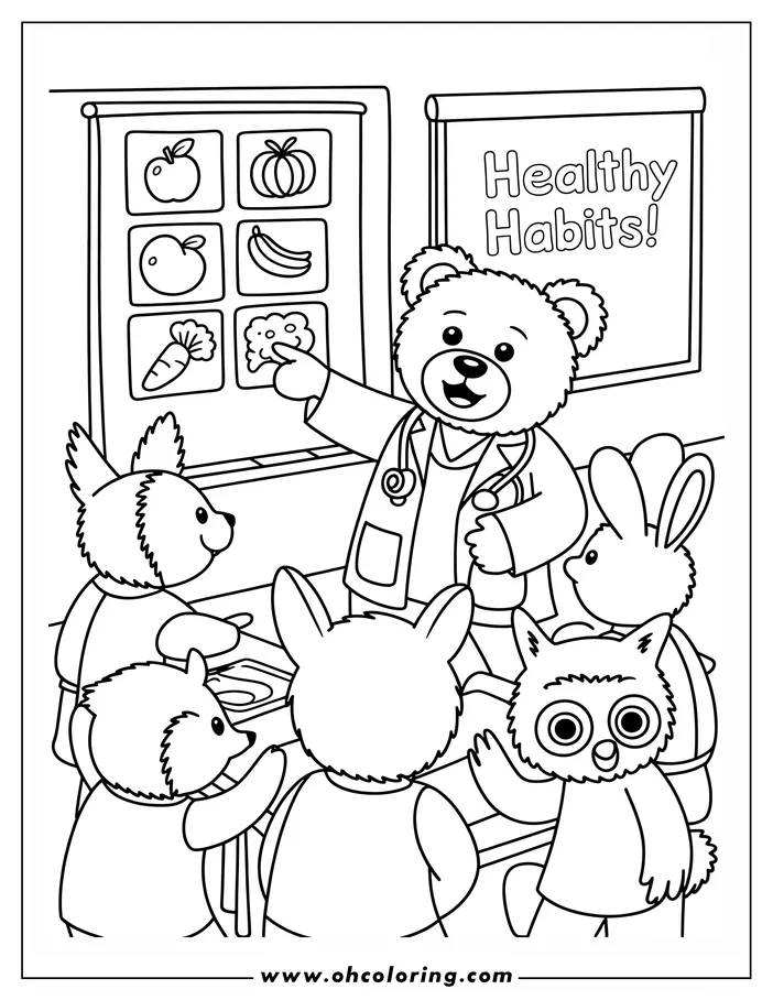Line art of a teddy bear doctor teaching healthy habits to a group of animal students. The bear, dressed in a doctor's coat, points to a chart of fruits and vegetables while a bunny, fox, raccoon, and another bear look on.  This is a drawing for coloring.