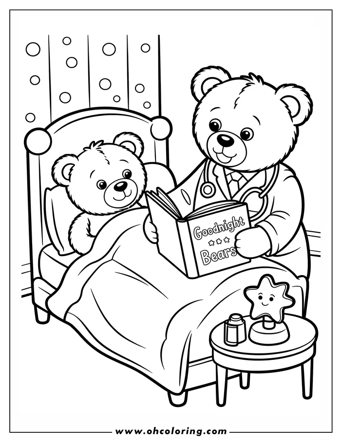 Line art of a teddy bear doctor reading a bedtime story to a patient bear in bed.  The doctor bear wears a lab coat and stethoscope, and the sick bear lies under a blanket. A nightlight and medicine bottle sit on the bedside table. This is a coloring sheet design.
