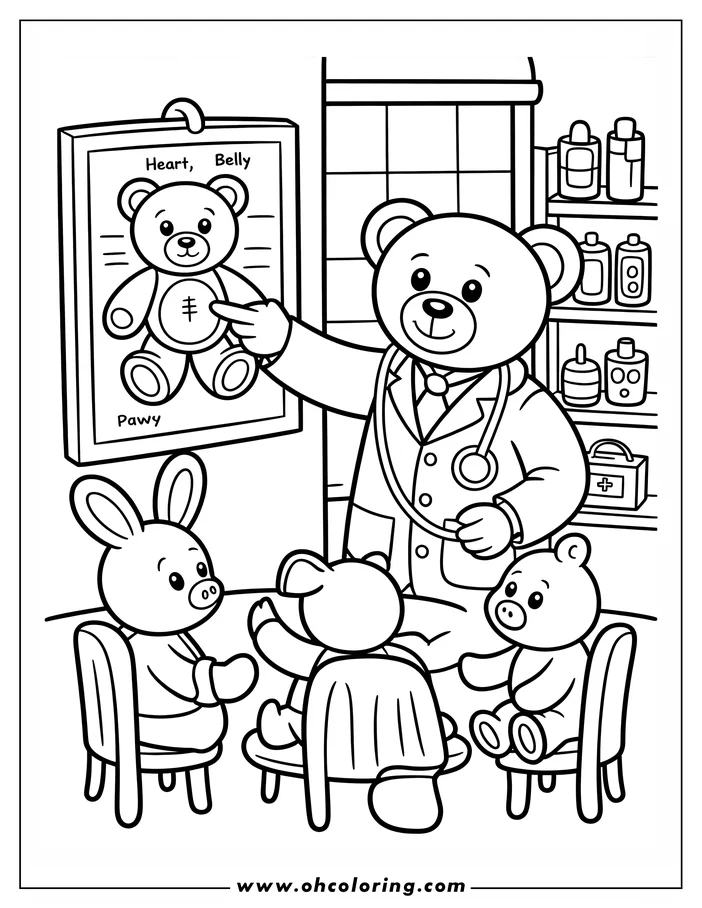 Line art of a teddy bear doctor explaining a chart to three small patients: a bunny and two piglets.  The doctor bear wears a lab coat and stethoscope, pointing at a diagram of a teddy bear labeled with "heart," "belly," and "pawy." Medicine bottles and a first aid kit are on shelves in the background. This is a design for a coloring sheet.