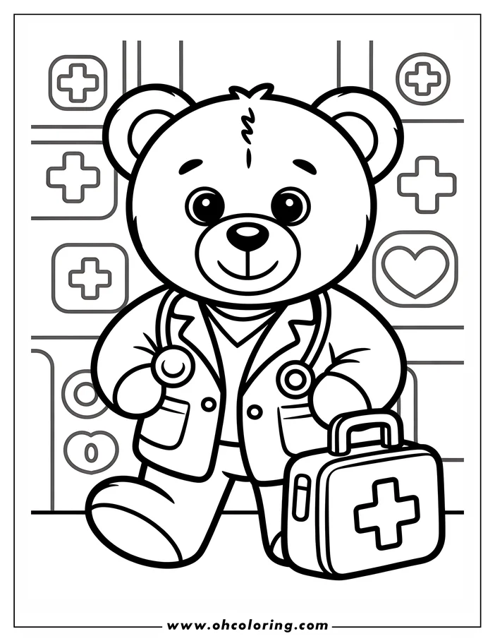 Line art of a teddy bear dressed as a doctor, carrying a medical bag and wearing a stethoscope. Medical cross symbols and a heart are visible in the background. This is a coloring sheet design ready for printing and coloring.