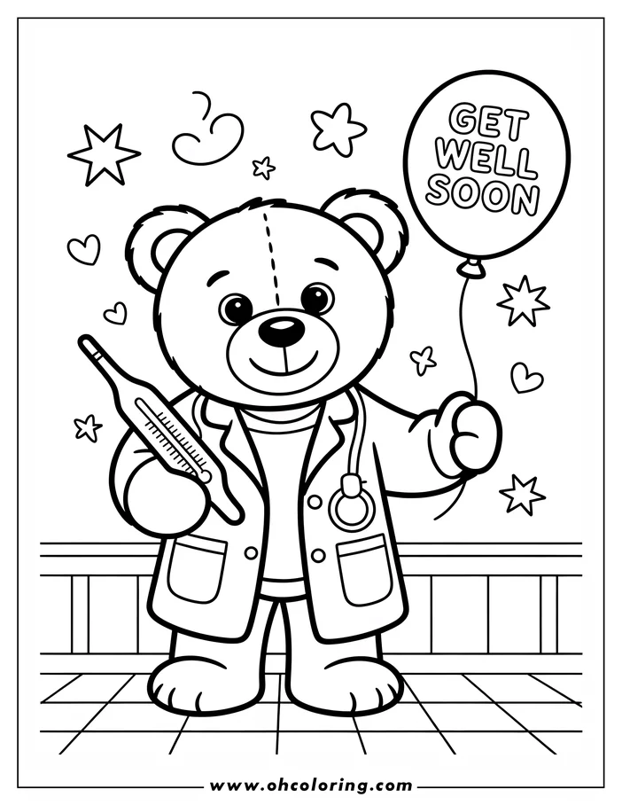 Line art of a teddy bear doctor holding a thermometer and a 'Get Well Soon' balloon. The bear wears a doctor's coat and stethoscope.  Stars and hearts decorate the background of this coloring page design.