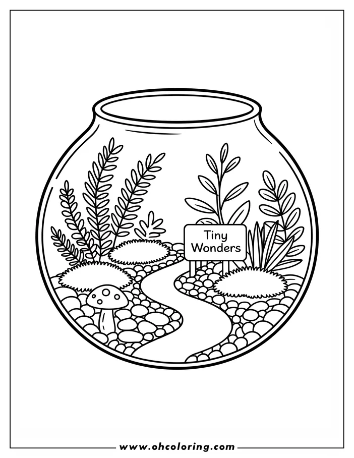 Line art of a terrarium coloring page.  Inside the glass bowl are several types of small plants, a patch of moss, a mushroom, and a winding pebble path. A small sign reads "Tiny Wonders." This is a printable coloring sheet design.