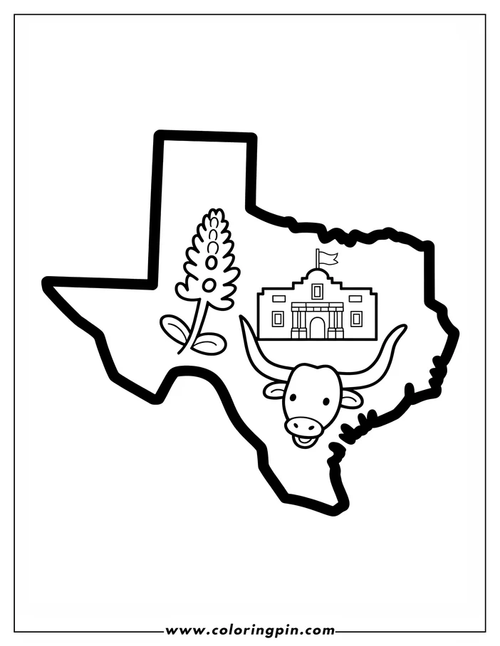 Line art of the state of Texas with state symbols, including the Alamo, a bluebonnet, and a Texas longhorn