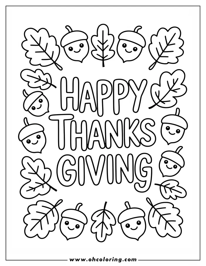 Line art of a Happy Thanksgiving design with smiling acorns and oak leaves surrounding the holiday message.
