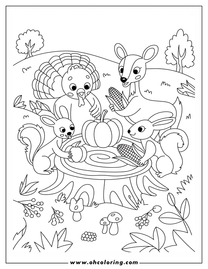 Line art of a turkey, deer, and two squirrels gathered around a tree stump with Thanksgiving food like pumpkins and corn.