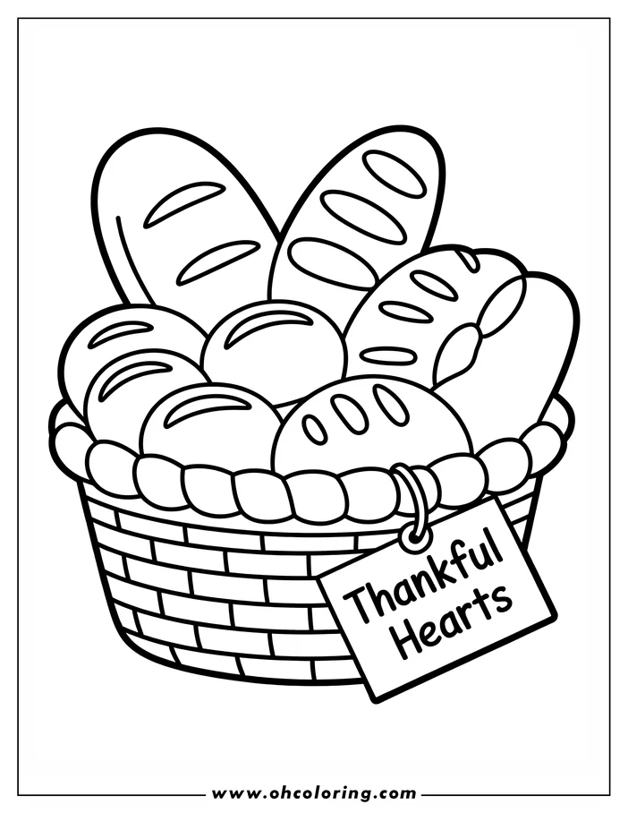 Line art of a Thanksgiving bread basket filled with various rolls and loaves. A tag on the basket reads 'Thankful Hearts'.