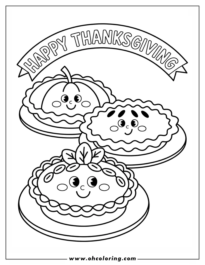 Line art of three Thanksgiving pies on plates with faces, below a Happy Thanksgiving banner.
