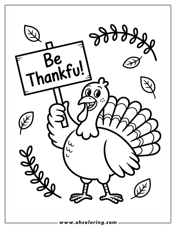 Outline of a cartoon turkey holding a sign reading 'Be Thankful', surrounded by leaves and branches, ideal for a Thanksgiving coloring activity.