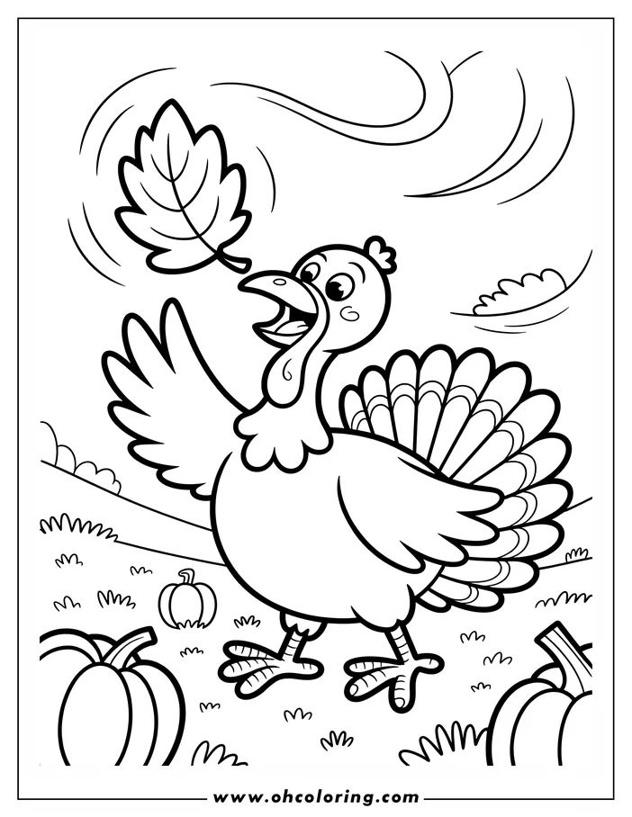 Line art of a cheerful turkey reaching for a falling leaf, with pumpkins nearby, in a Thanksgiving scene.