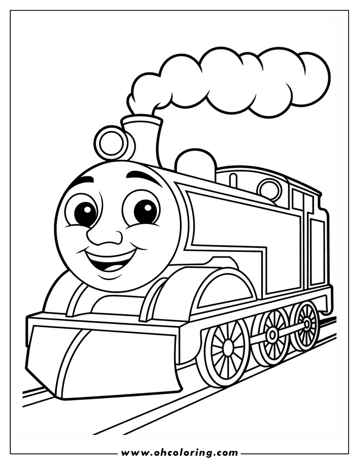Line art of Thomas the Tank Engine, a smiling blue train with a snowplow.