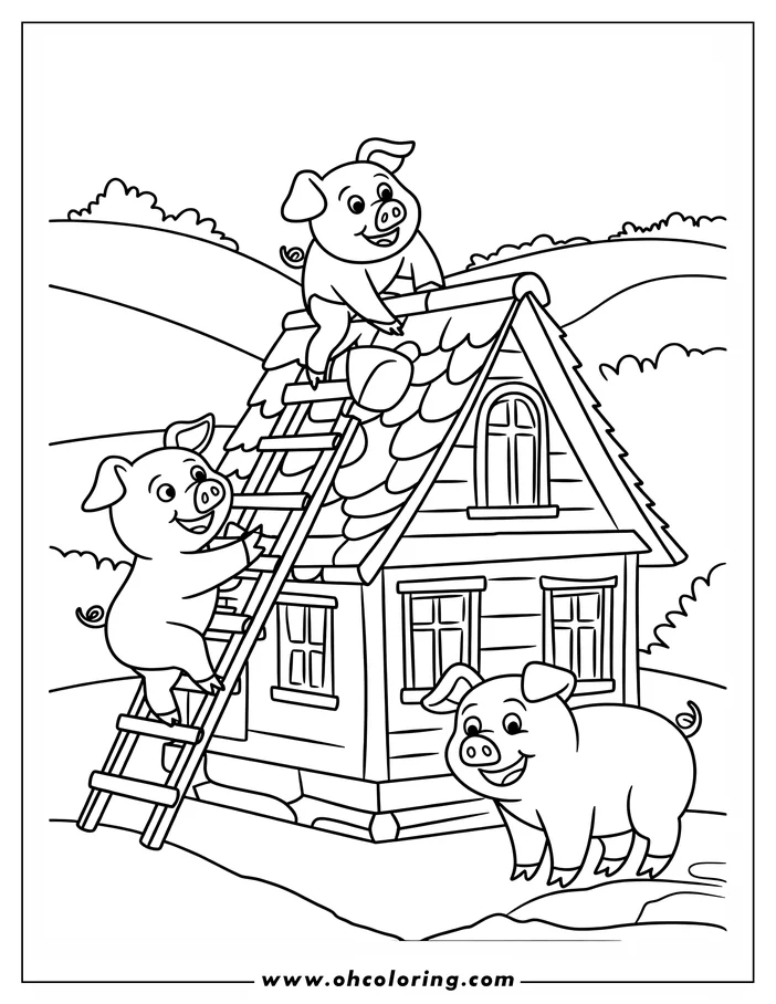 Three little pigs with their house. One pig sits on the roof, one climbs a ladder, and one stands on the ground.