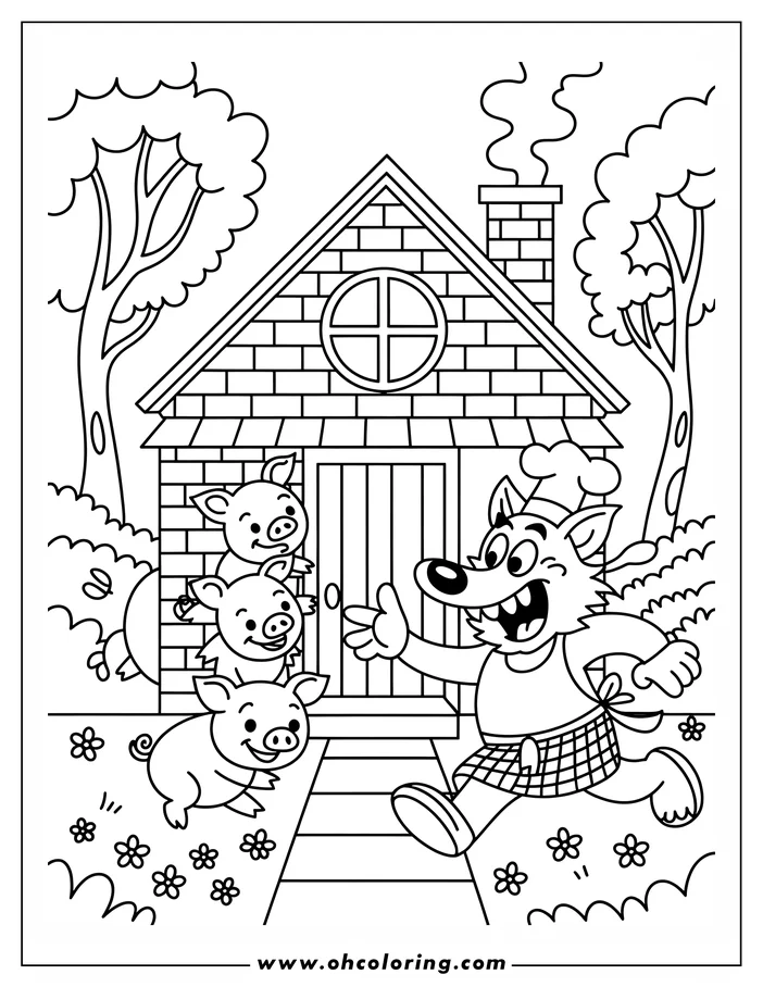 Three little pigs peer from their brick house as a chef-dressed wolf approaches. 