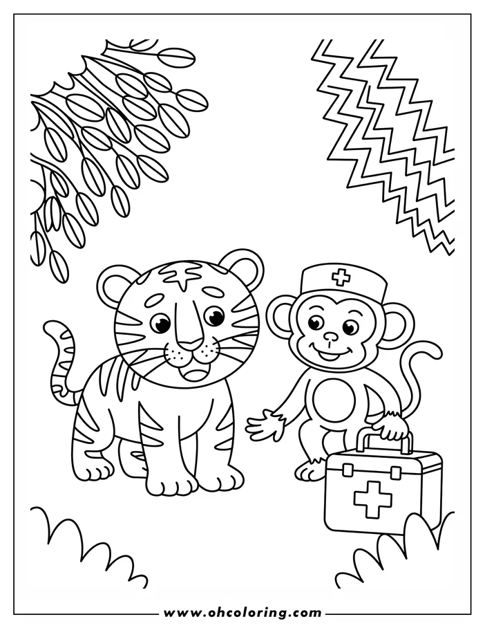 A cartoon tiger stands beside a friendly monkey dressed as a nurse, complete with a first aid kit.