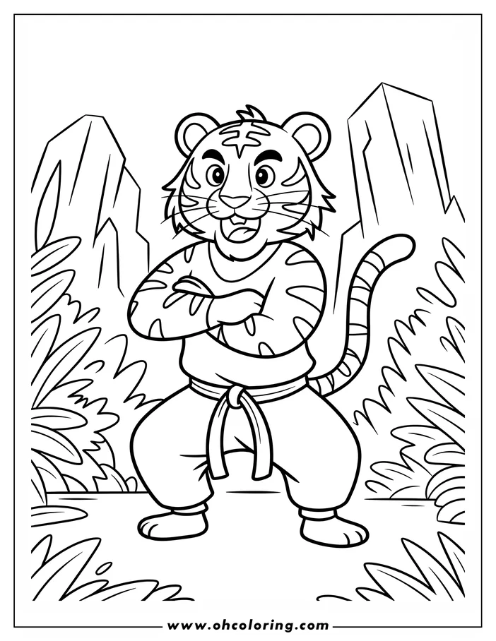 Line drawing of a cartoon tiger in a karate stance, wearing a uniform and belt, standing within a jungle setting.