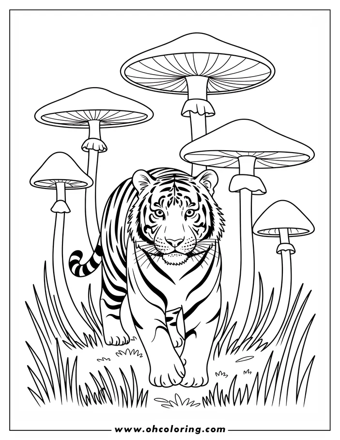Line art of a tiger walking near large mushrooms in the grass.