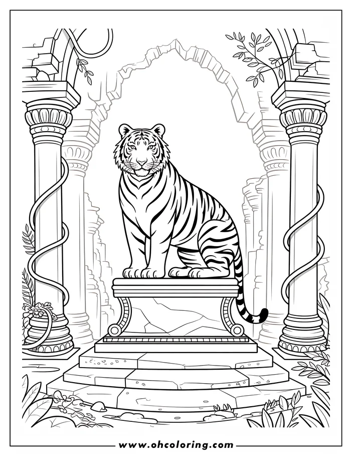 Line art of a tiger sitting on a pedestal in ancient ruins, surrounded by vines and crumbling pillars.