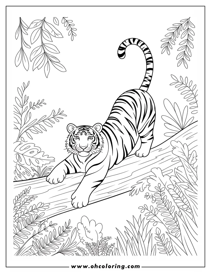 Line art of a tiger on a tree branch, surrounded by jungle foliage.