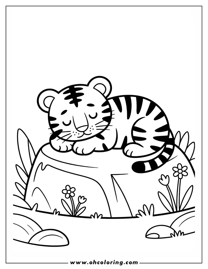Outline of a tiger cub sleeping on a rock, surrounded by small flowers and grass.