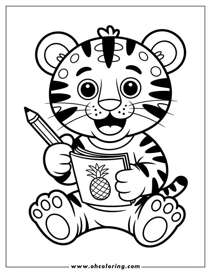Outline of a cartoon tiger sitting with a drawing of a pineapple and a pencil.