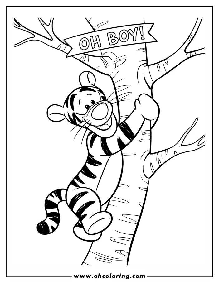 Line art of Tigger the tiger from Winnie the Pooh climbing a tree with a sign saying "Oh Boy!"