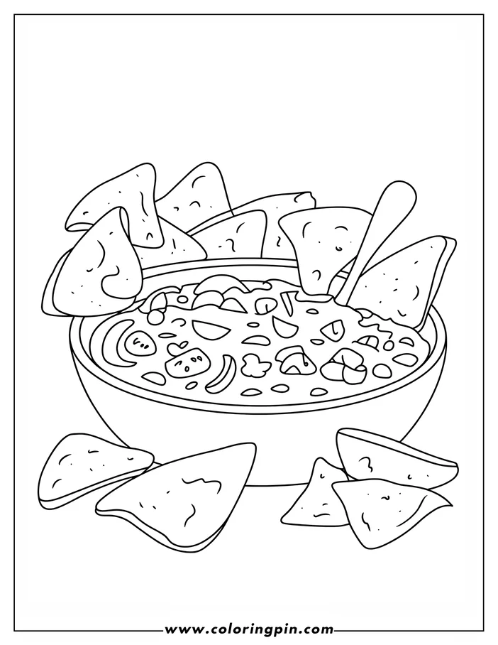 Line art of a bowl of salsa surrounded by tortilla chips