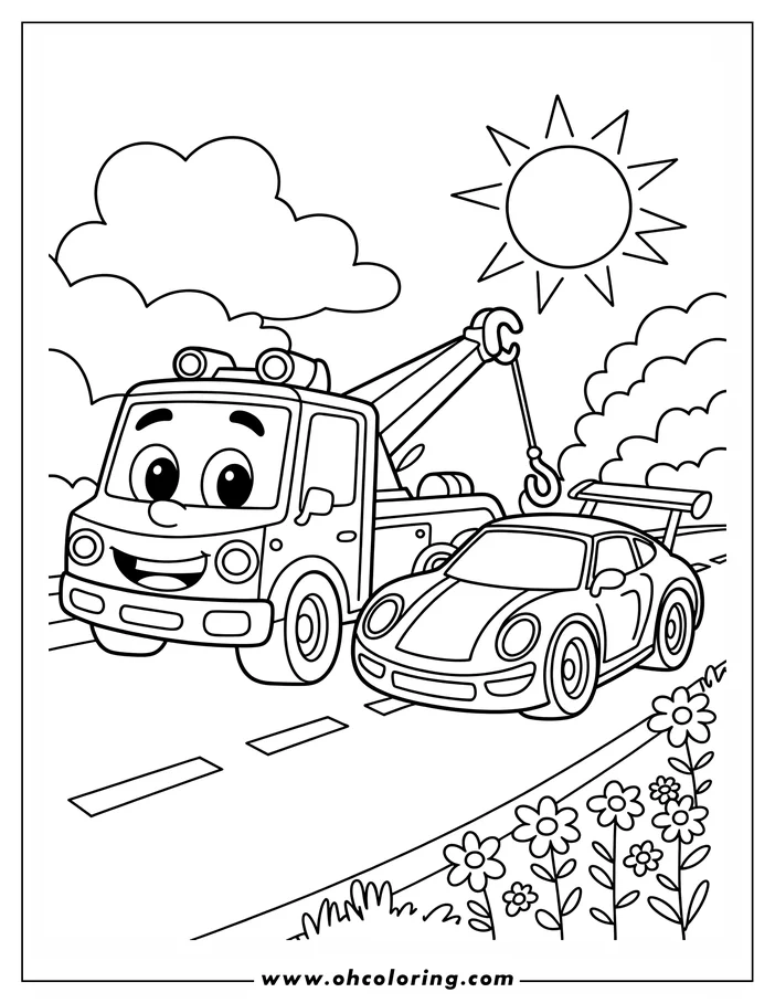 A cartoon tow truck pulling a sports car on a road with flowers and a sun in the sky.