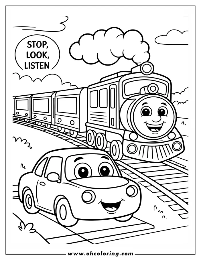 Line art of a train passing a railroad crossing, with a car waiting patiently.  The words "Stop, look, listen" are written above the train.