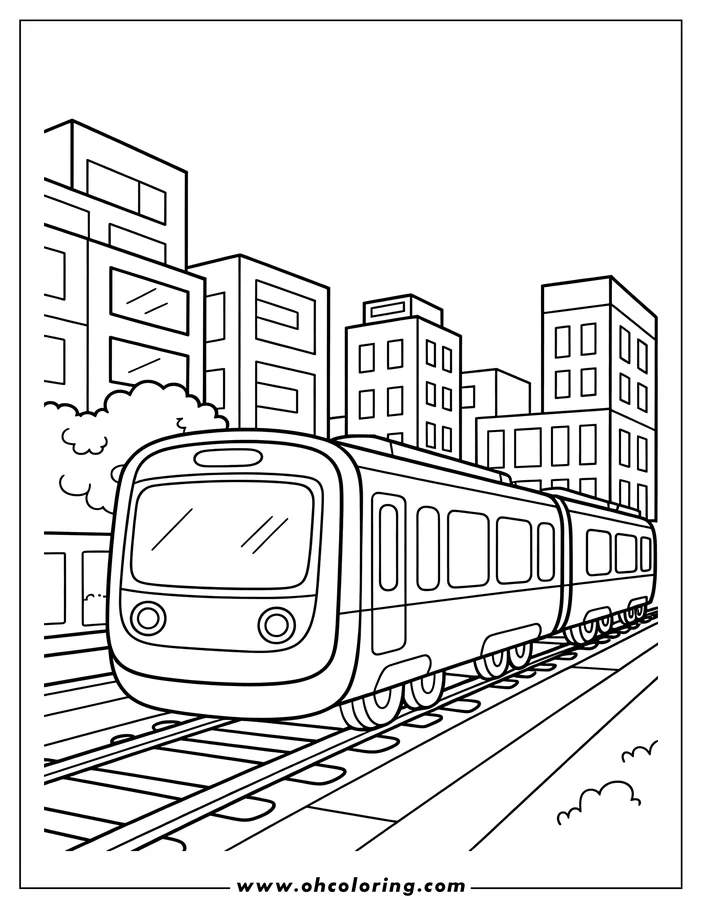 Outline of a train traveling through a city with tall buildings.