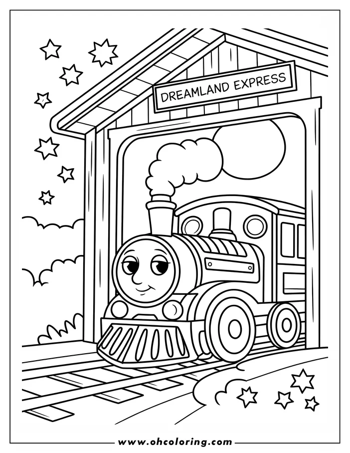 Outline of a cartoon train at a station labeled "Dreamland Express", with stars in the background.