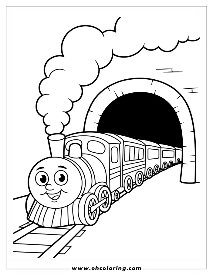 Line art of a cartoon train exiting a tunnel. The train has a friendly face and emits steam.