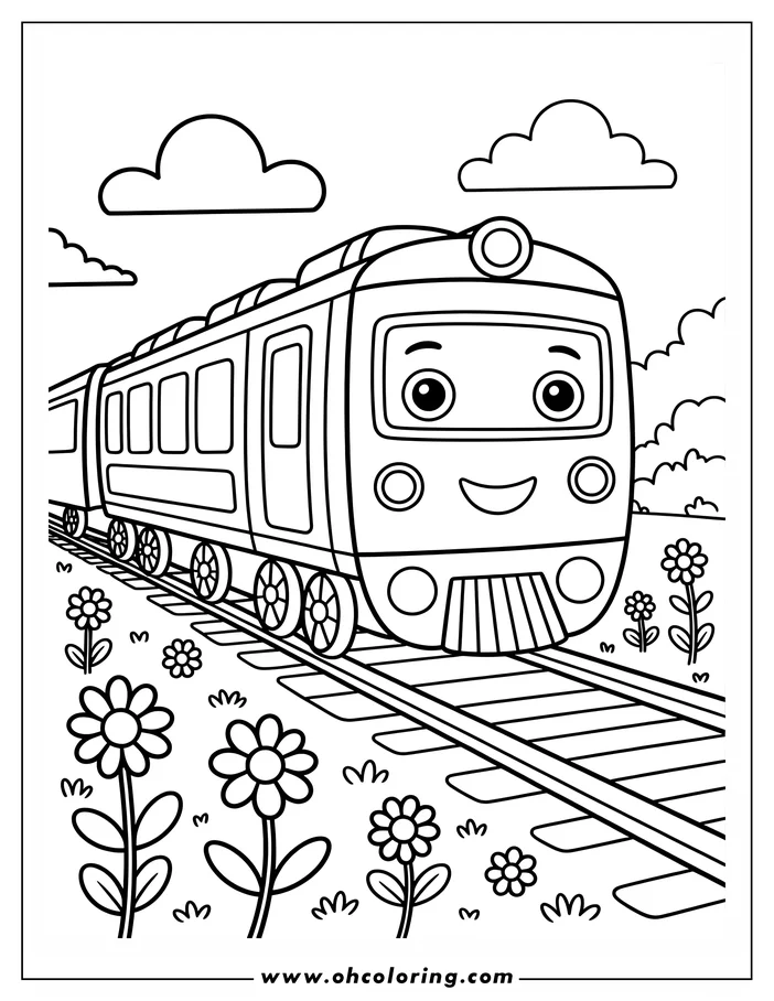 Outline of a friendly cartoon train traveling on a railway track, with flowers along the side and clouds overhead.