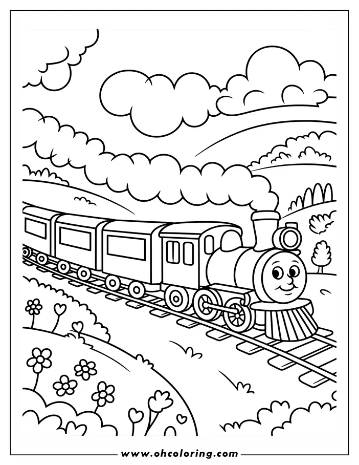Line art of a cheerful train with two passenger cars traveling through a gentle countryside landscape.