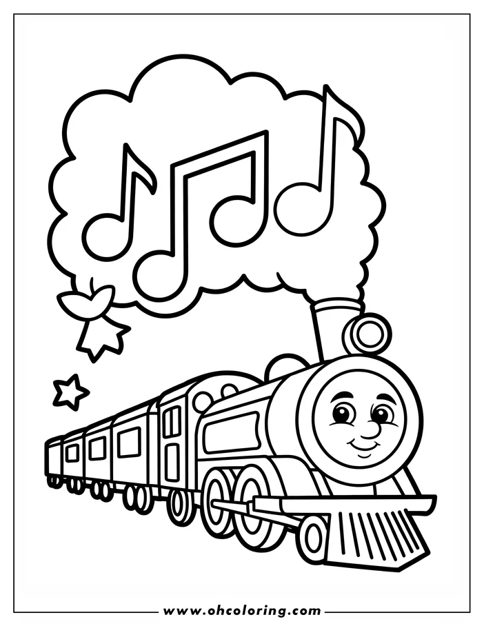 Outline of a cheerful cartoon train with musical notes coming from its smokestack, pulling three passenger cars.