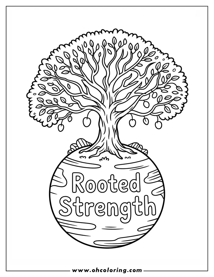Line art depicting a large, leafy tree rooted in the Earth. The tree's canopy is full and round, with several fruits hanging from its branches.  "Rooted Strength" is written across the planet. This is a coloring sheet design suitable for Earth Day.