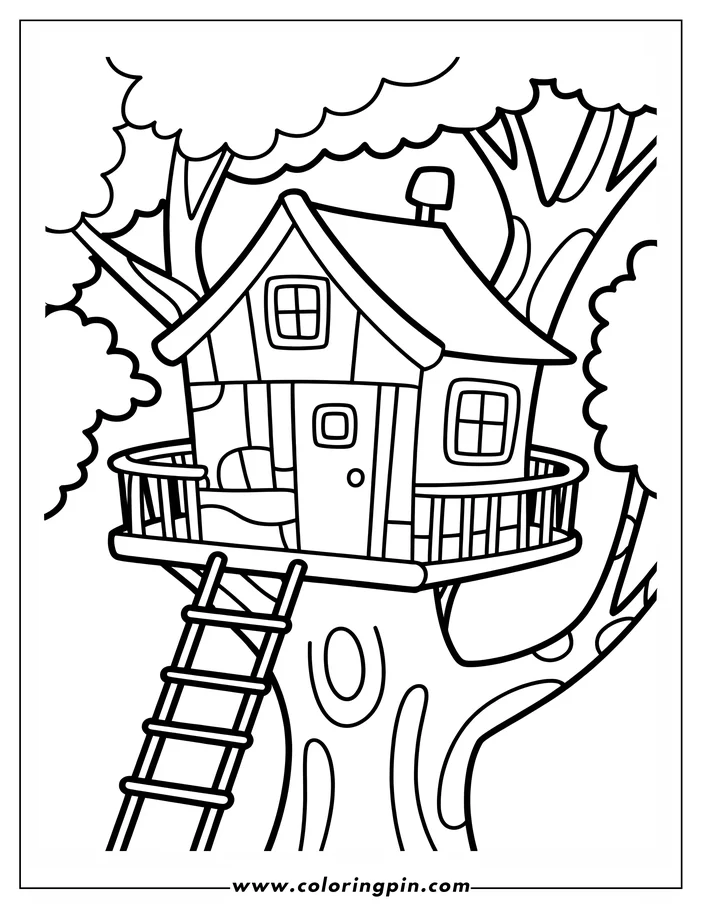Outline of a treehouse nestled in a tree, complete with a ladder, balcony, and chair.