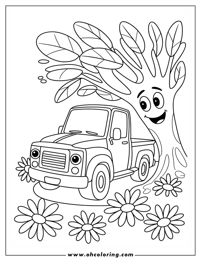 Line art of a cartoon truck parked near a smiling tree with daisies growing around the base.