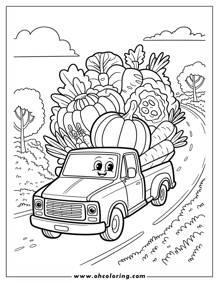 Line art of a cheerful truck driving down a road, carrying pumpkins, carrots, lettuce, and other vegetables in its truck bed.