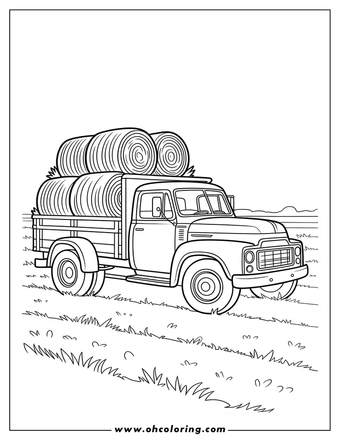 Outline of a vintage truck carrying rolled hay bales in a field. This truck with prominent fenders and a simple cab design evokes a sense of classic farm life.