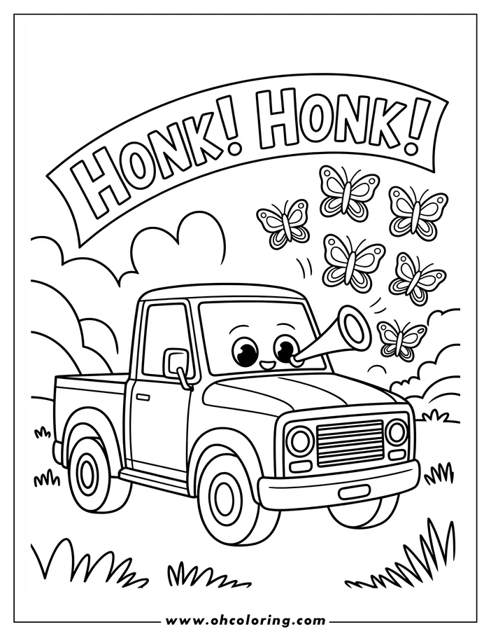 Line art of a cartoon truck honking its horn at a group of butterflies in a field. 