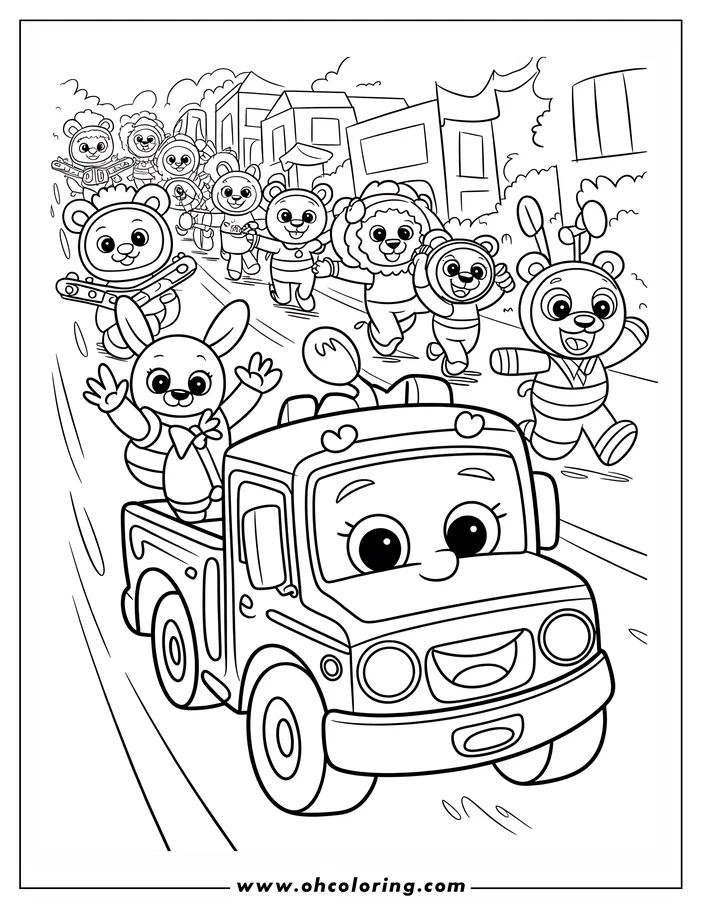 Line art of a truck leading a parade of Kindie Carnival characters down a city street. The truck carries a waving bunny. The other characters are dressed in costumes and playing musical instruments.