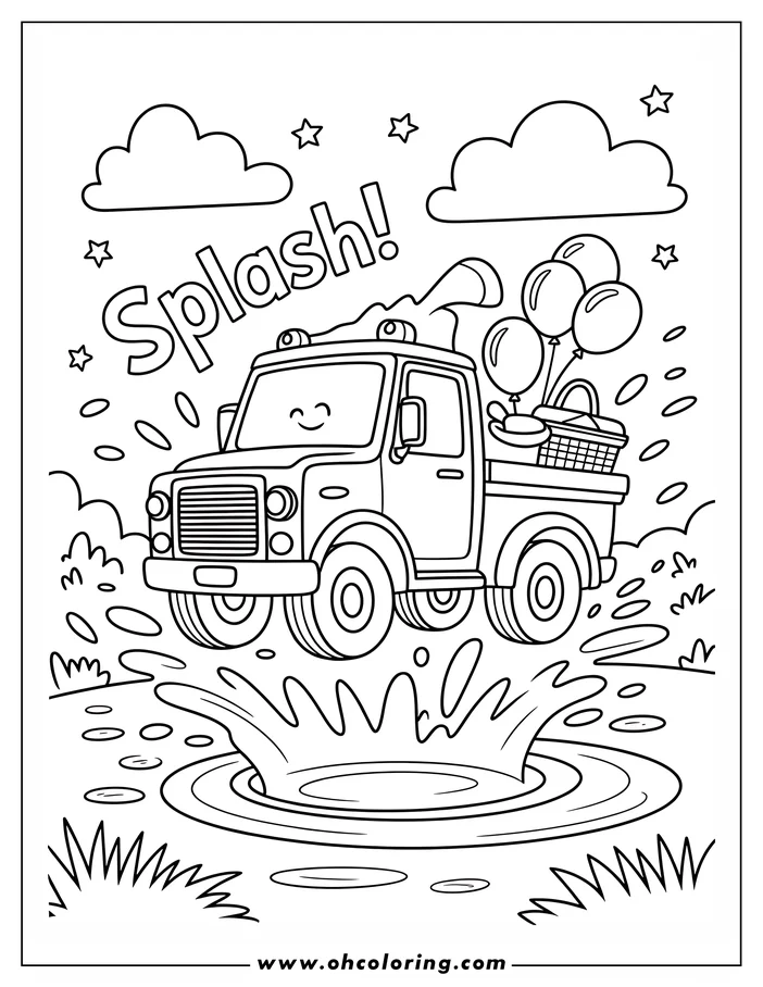 Line art of a truck splashing in a puddle. It has a picnic basket and balloons in the truck bed.