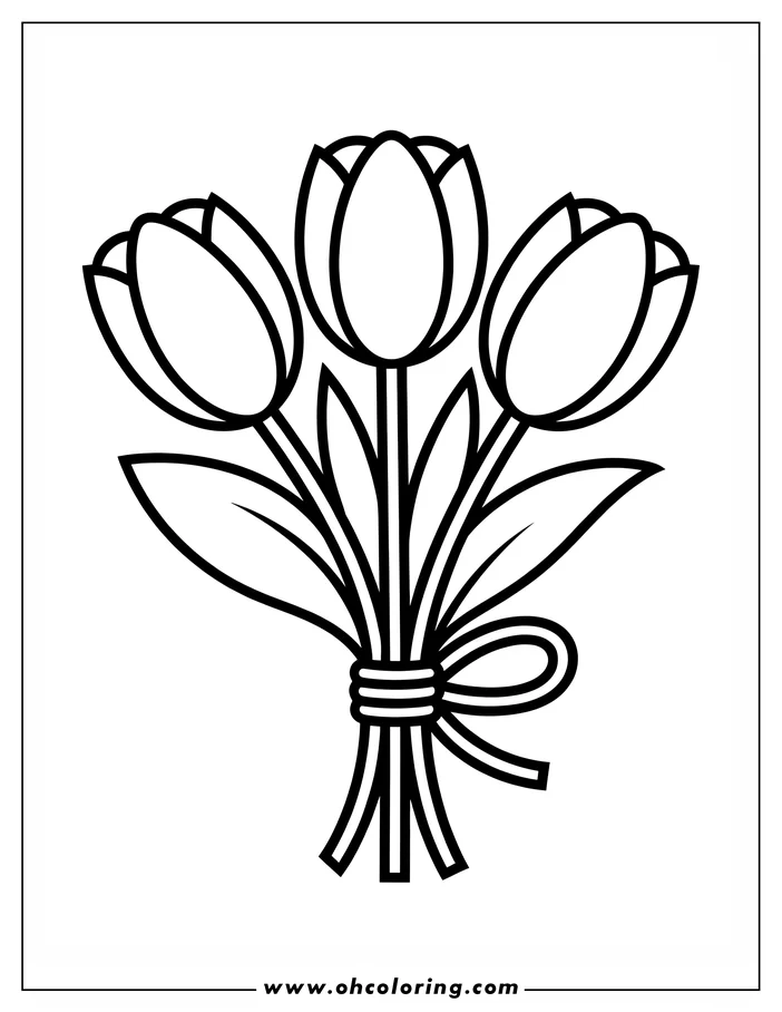Line art of three tulips gathered together and tied with twine, forming a simple bouquet coloring page design.