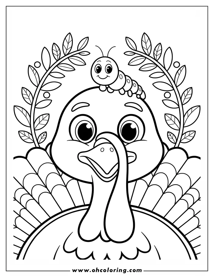 Line art of a cartoon turkey with a caterpillar on its head, framed by leafy branches.