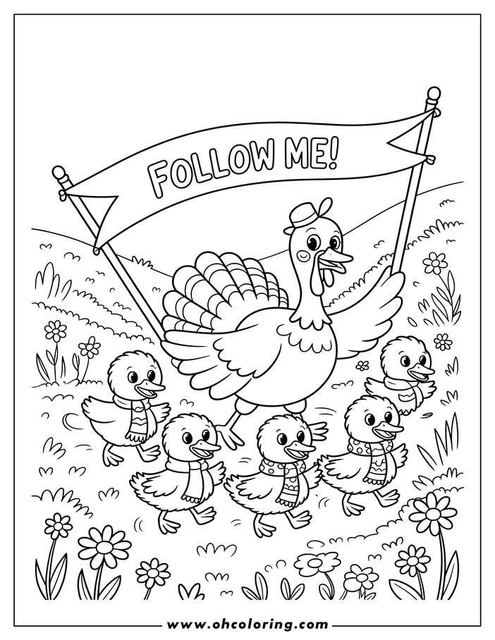 Line art of a turkey holding a "Follow Me" banner, leading a group of ducklings wearing scarves.