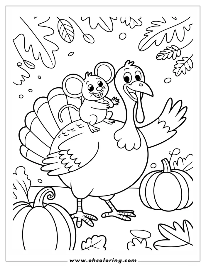 A cartoon turkey and mouse with pumpkins. The mouse sits on the turkey's back, surrounded by fallen leaves and pumpkins.