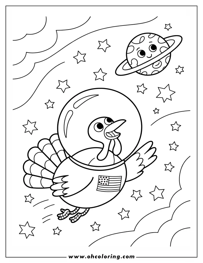 Line art of a turkey astronaut floating in space towards a ringed planet, surrounded by stars.
