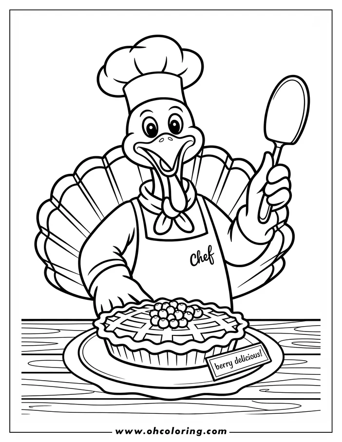 Line art of a turkey chef presenting a berry pie. The turkey wears a chef's hat and apron, and the pie sits on a plate. The scene appears to be Thanksgiving or autumn themed.