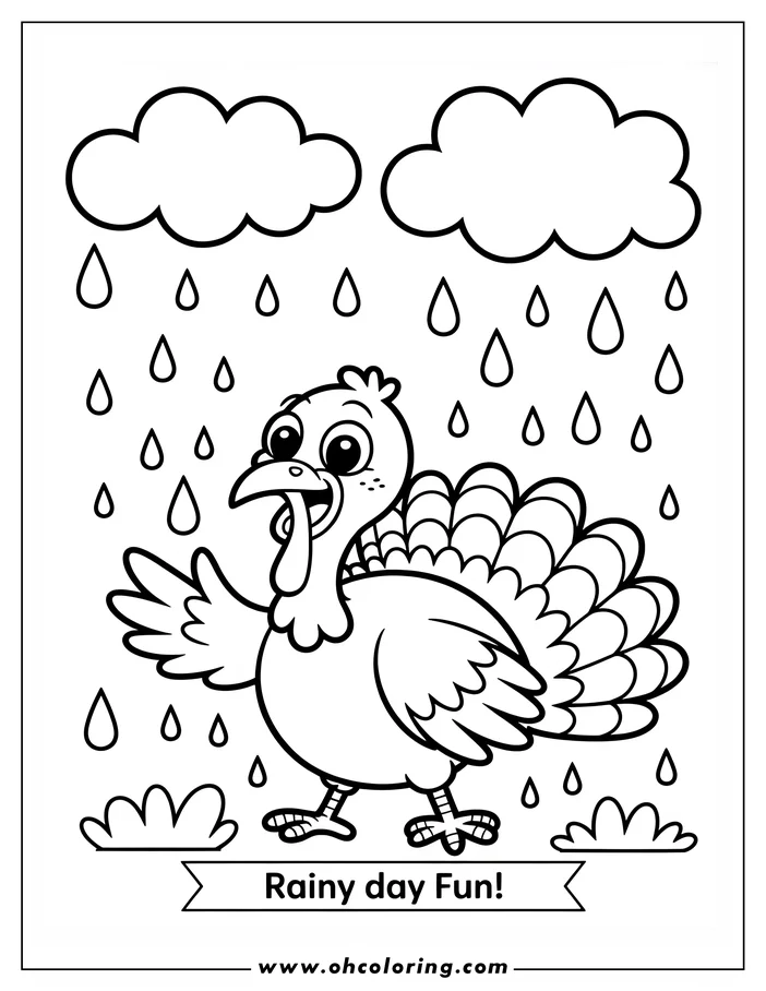 Cartoon turkey standing in the rain. Raindrops fall from clouds above.