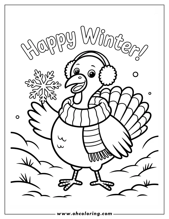 Line art of a turkey wearing earmuffs and a scarf, holding a snowflake in the winter.